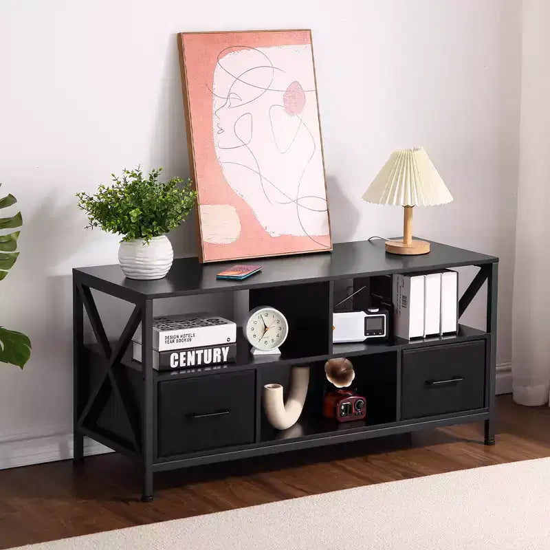 Meuble TV, Centre de divertissement avec 2 tiroirs en tissu et étagère ouverte, Commode de meuble TV, Table console