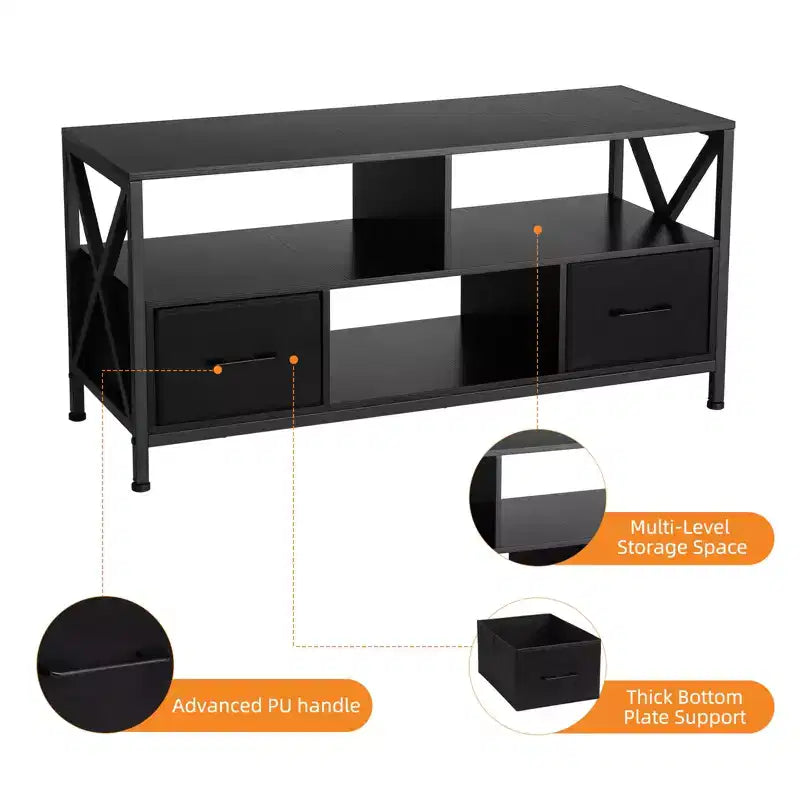Meuble TV, Centre de divertissement avec 2 tiroirs en tissu et étagère ouverte, Commode de meuble TV, Table console