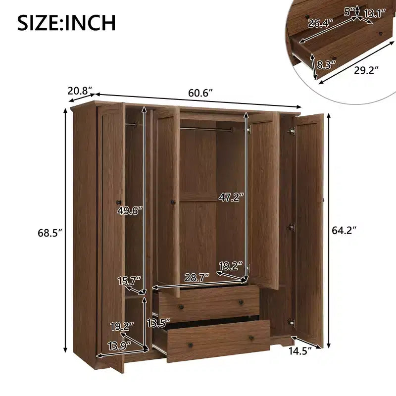 Armoire penderie Whisen à 4 portes avec 2 tiroirs