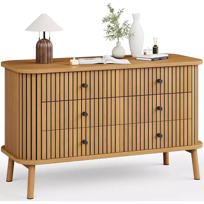 Commode Garvee 6 tiroirs de 119 cm avec pieds en métal, style rustique grain de bois de chêne pour chambre d'enfant ou appartement