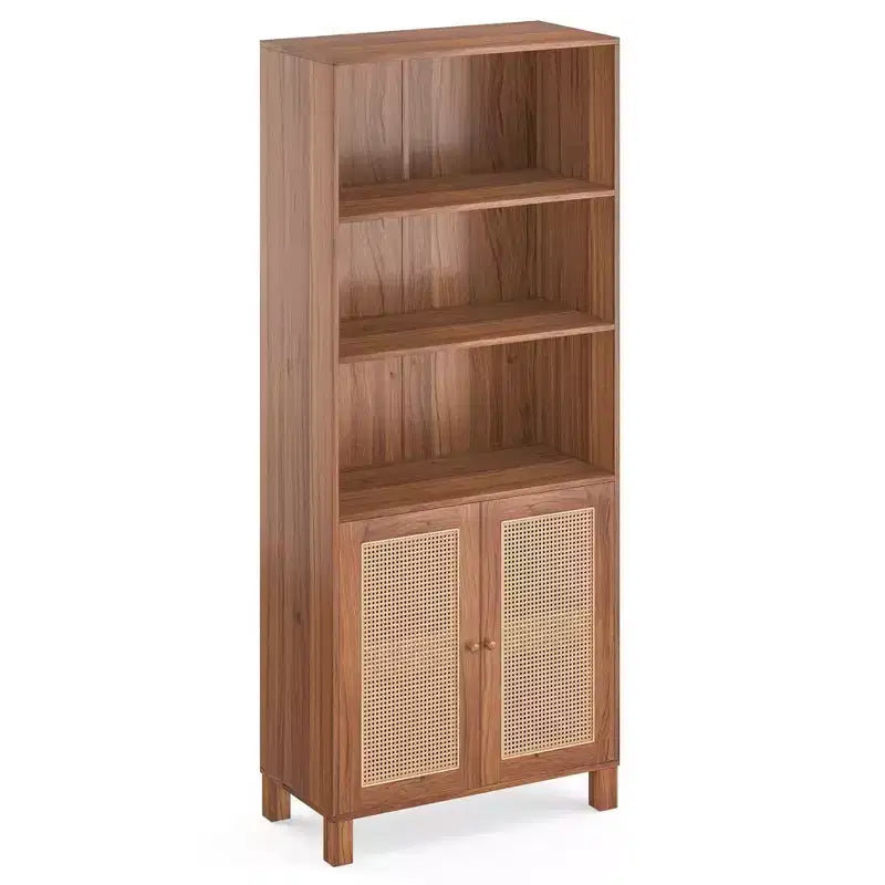Étagère à 5 niveaux avec portes en rotin Bibliothèque haute blanche Présentoirs pour bureau à domicile et chambre à coucher