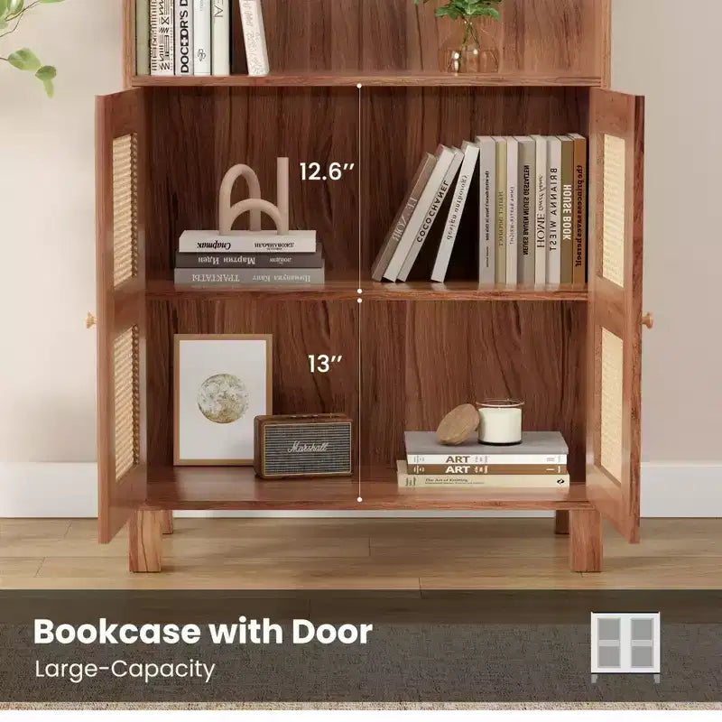 Étagère à 5 niveaux avec portes en rotin Bibliothèque haute blanche Présentoirs pour bureau à domicile et chambre à coucher