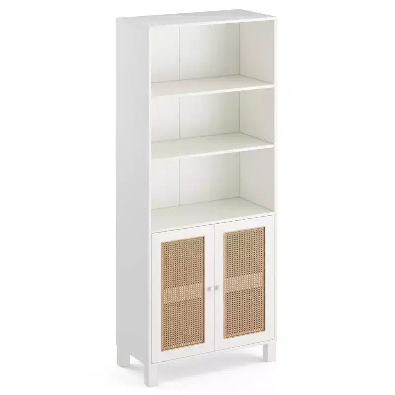 Étagère à 5 niveaux avec portes en rotin Bibliothèque haute blanche Présentoirs pour bureau à domicile et chambre à coucher