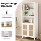 Étagère à 5 niveaux avec portes en rotin Bibliothèque haute blanche Présentoirs pour bureau à domicile et chambre à coucher