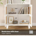 Étagère à 5 niveaux avec portes en rotin Bibliothèque haute blanche Présentoirs pour bureau à domicile et chambre à coucher