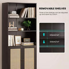 Étagère à 5 niveaux avec portes en rotin Bibliothèque haute blanche Présentoirs pour bureau à domicile et chambre à coucher