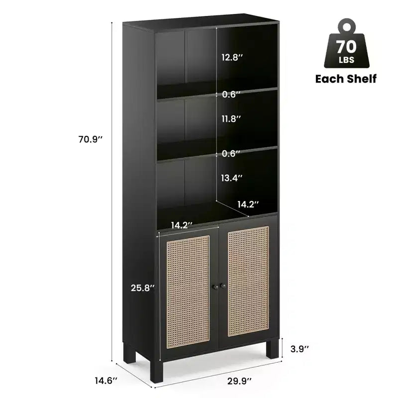 Étagère à 5 niveaux avec portes en rotin Bibliothèque haute blanche Présentoirs pour bureau à domicile et chambre à coucher