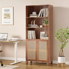 Étagère à 5 niveaux avec portes en rotin Bibliothèque haute blanche Présentoirs pour bureau à domicile et chambre à coucher