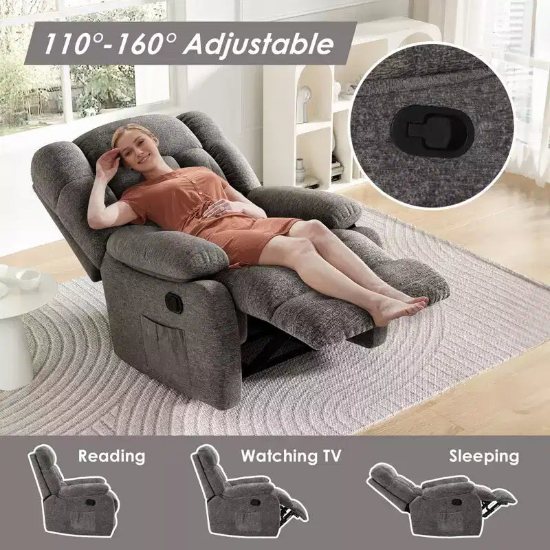 Canapé inclinable réglable (110 - 160), pouf repose-pieds + poche latérale, design ergonomique