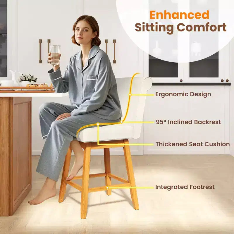 Costway Lot de 2/4 Tabourets de Bar Pivotants de 68,5 cm avec Pieds en Bois d'Hévéa et Revêtement en Lin Beige/Gris