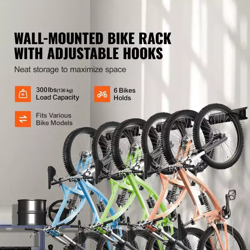 VEVOR Range-vélo mural pour 6 vélos et 3 crochets pour casques, support de rangement pour vélo, organisateur pour la maison et le garage