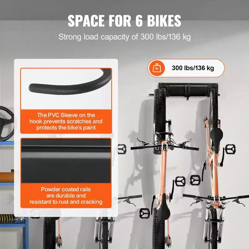 VEVOR Range-vélo mural pour 6 vélos et 3 crochets pour casques, support de rangement pour vélo, organisateur pour la maison et le garage