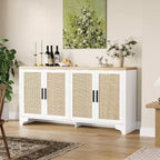 Buffet en rotin de 157 cm, buffet à quatre portes, grand meuble de rangement, table d'appoint de style ferme moderne, pour cuisine, salle à manger