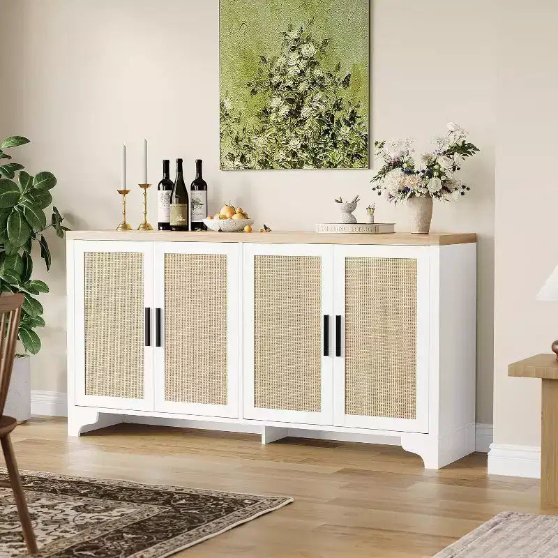 Buffet en rotin de 157 cm, buffet à quatre portes, grand meuble de rangement, table d'appoint de style ferme moderne, pour cuisine, salle à manger