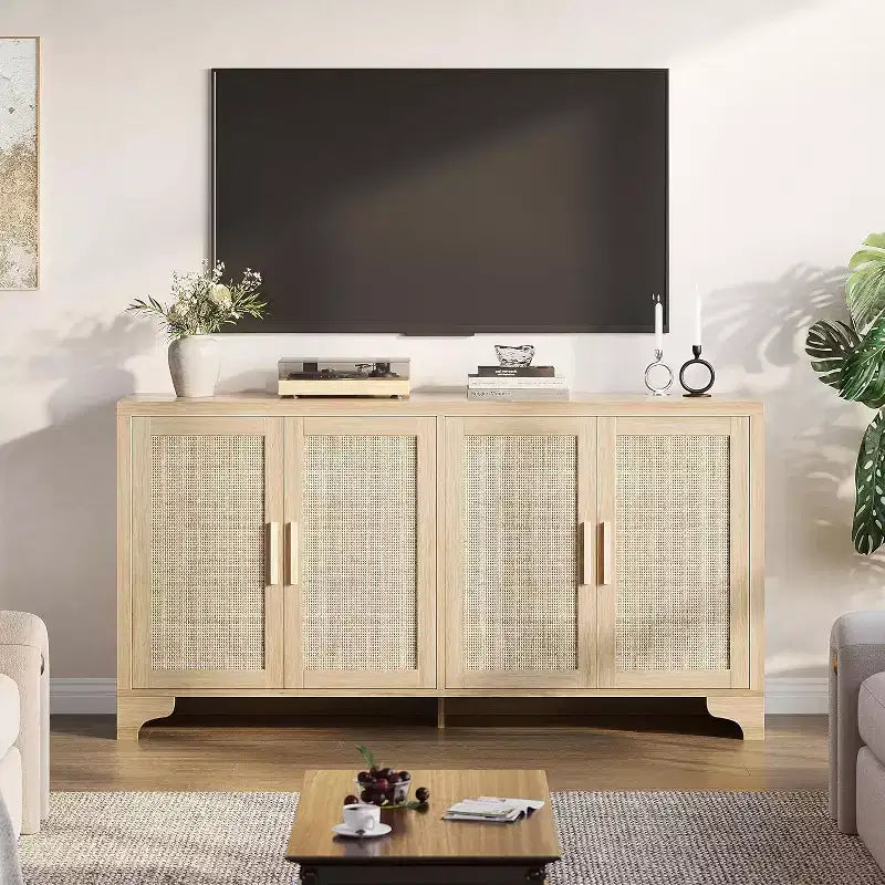Buffet en rotin de 157 cm, buffet à quatre portes, grand meuble de rangement, table d'appoint de style ferme moderne, pour cuisine, salle à manger