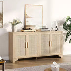 62 Inch Rattan Sideboard Buffet Cabinet, Four-Door Sideboard, Large Storage Cabinet, Modern Farmhouse Accent Table, for Kitchen, Dining Room