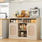 Buffet en rotin avec rangement - Desserte de rangement 47", 2 portes en rotin, accents en bois naturel, pour bar à café, cuisine, salle à manger ou salon