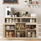 Buffet en rotin avec rangement - Desserte de rangement 47", 2 portes en rotin, accents en bois naturel, pour bar à café, cuisine, salle à manger ou salon