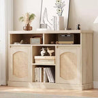 Buffet en rotin avec rangement - Desserte de rangement 47", 2 portes en rotin, accents en bois naturel, pour bar à café, cuisine, salle à manger ou salon