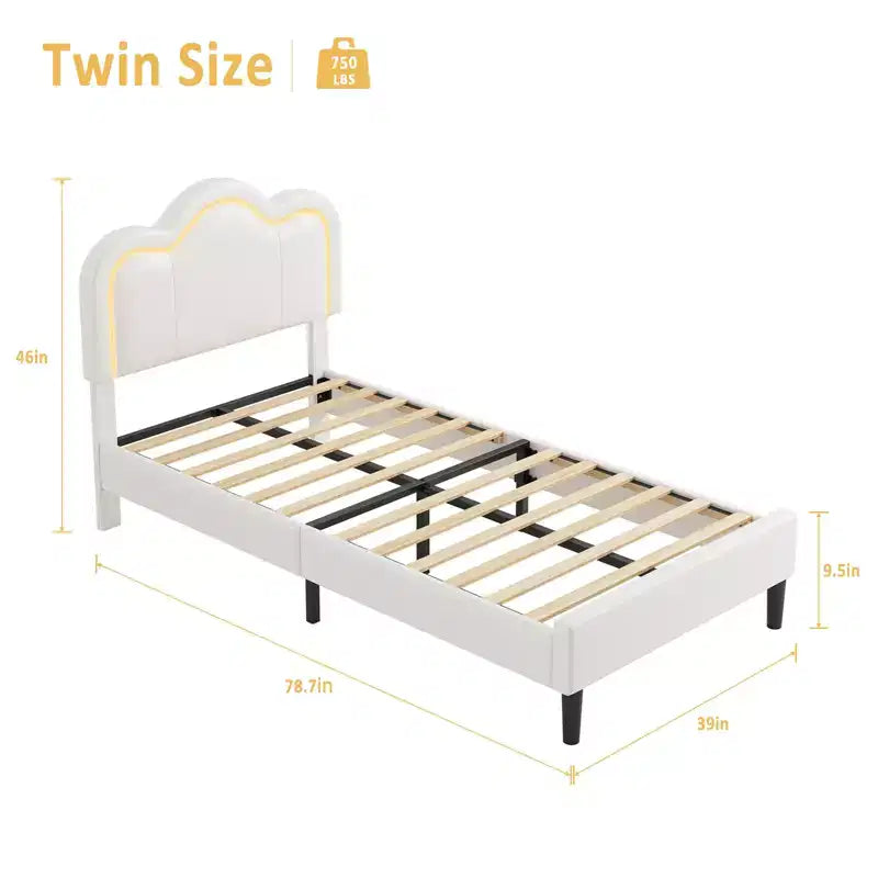 Cadre de lit simple rembourré Smart LED avec tête de lit réglable et bande lumineuse amovible, cadre de lit plateforme princesse en velours, support à lattes en bois