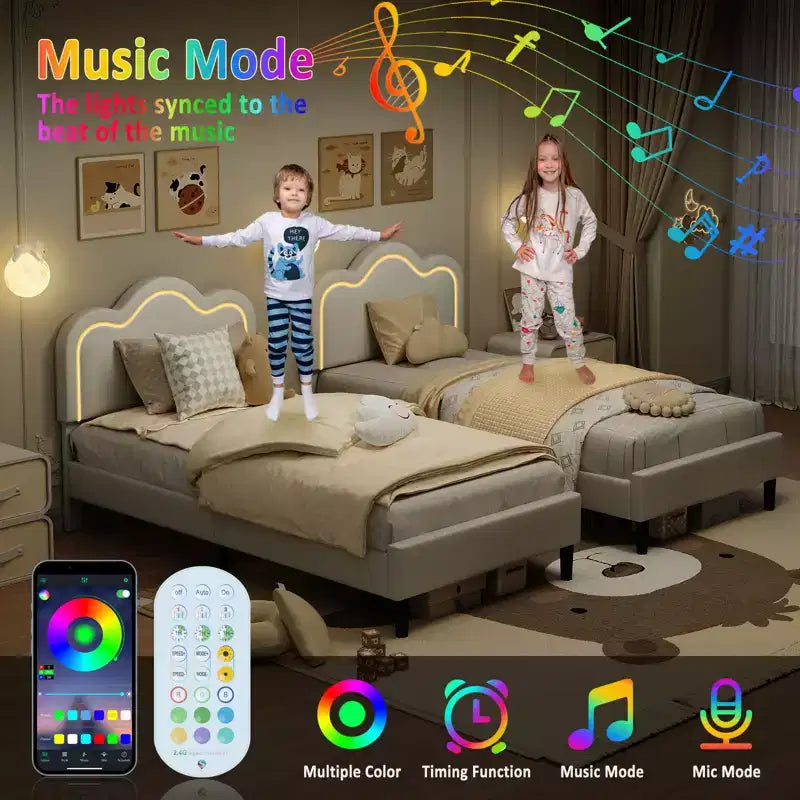 Cadre de lit simple rembourré Smart LED avec tête de lit réglable et bande lumineuse amovible, cadre de lit plateforme princesse en velours, support à lattes en bois