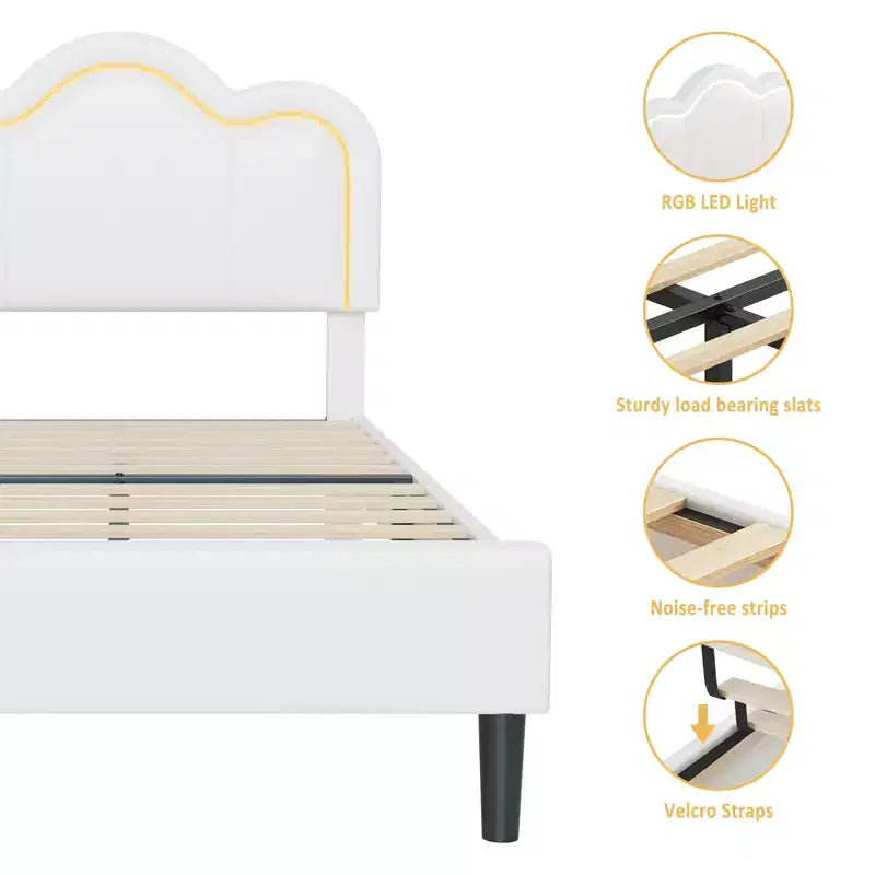 Cadre de lit simple rembourré Smart LED avec tête de lit réglable et bande lumineuse amovible, cadre de lit plateforme princesse en velours, support à lattes en bois