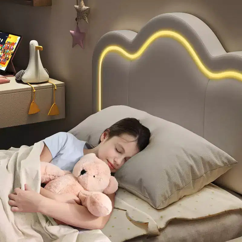Cadre de lit simple rembourré Smart LED avec tête de lit réglable et bande lumineuse amovible, cadre de lit plateforme princesse en velours, support à lattes en bois