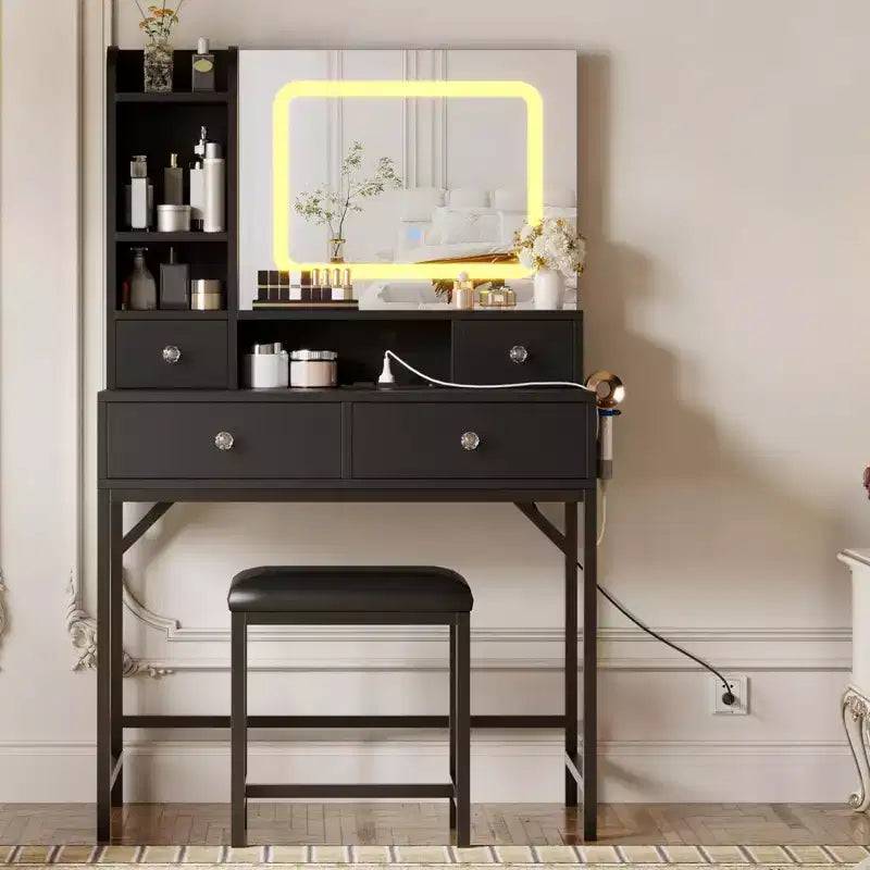 Coiffeuse et tabouret avec miroir, coiffeuse moderne avec station de charge, ensemble coiffeuse à 3 éclairages pour chambre, studio de maquillage