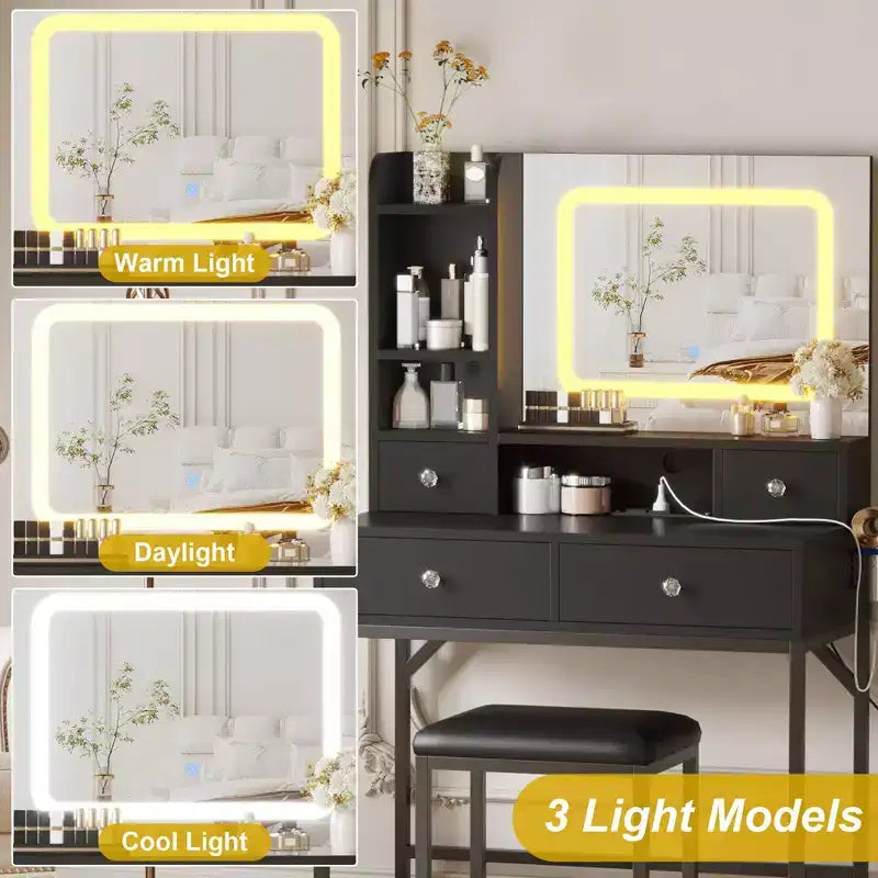 Coiffeuse et tabouret avec miroir, coiffeuse moderne avec station de charge, ensemble coiffeuse à 3 éclairages pour chambre, studio de maquillage