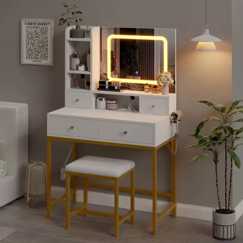 Coiffeuse et tabouret avec miroir, coiffeuse moderne avec station de charge, ensemble coiffeuse à 3 éclairages pour chambre, studio de maquillage