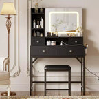 Makeup Vanity Desk and Stool with Mirror, Modern Vanity Table with Charging Station, 3 Lighting Dressing Table Set for Bedroom, Makeup Studio