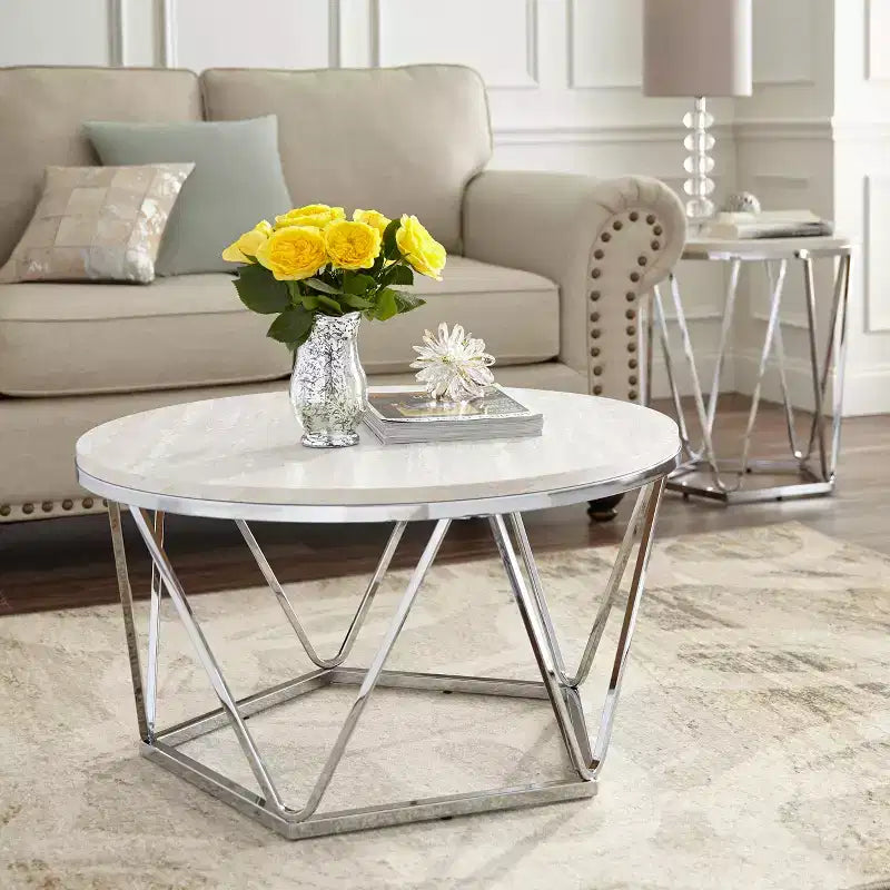 Table Basse Ronde Faux Marbre Luna - Argent - SEI