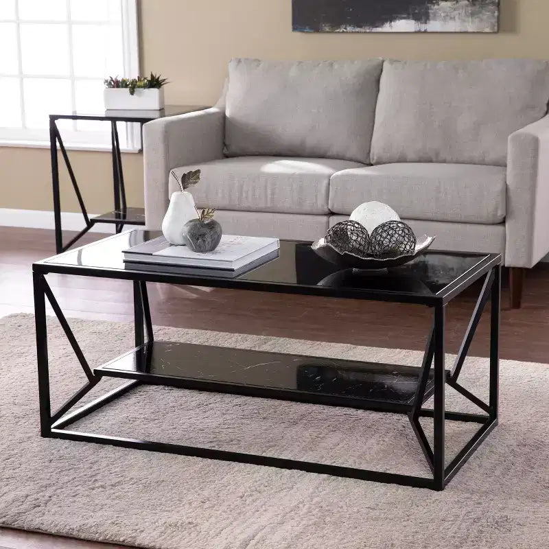 Table basse Argall avec plateau en verre et rangement - Noir - SEI