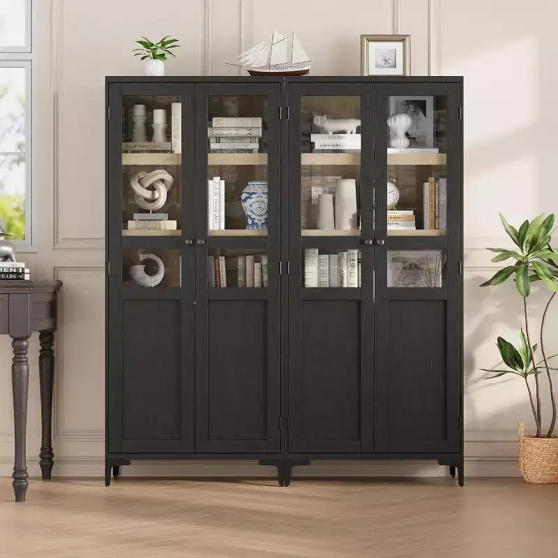 Meuble de rangement haut avec portes vitrées, Armoire de cuisine 5 niveaux avec étagères réglables