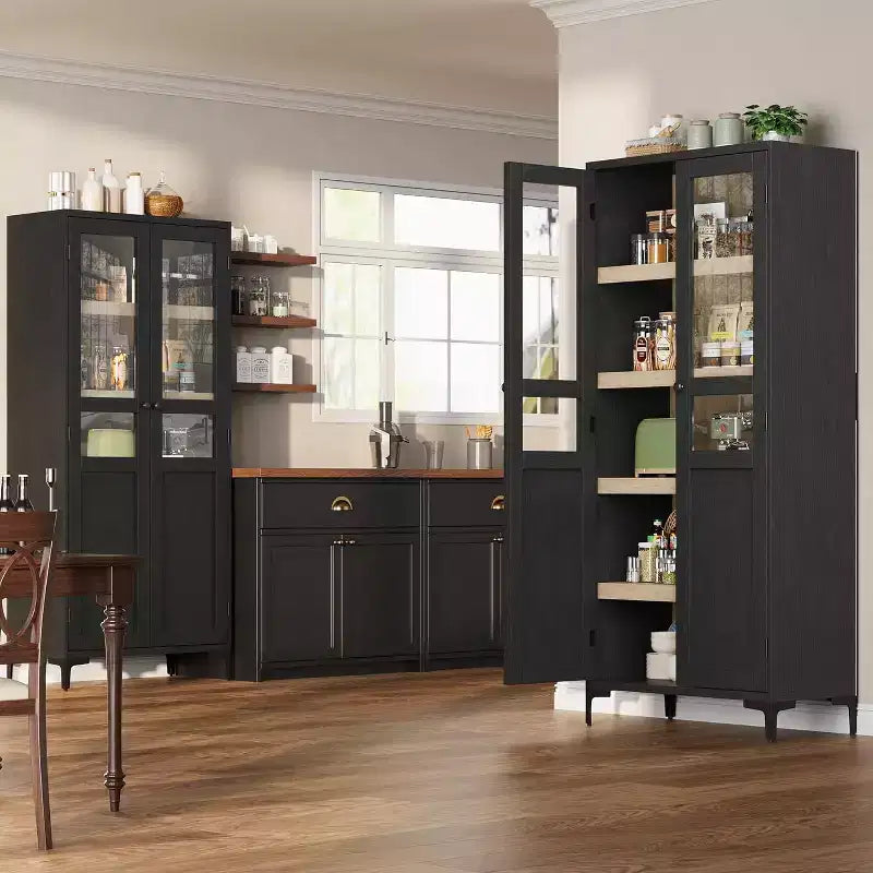 Meuble de rangement haut avec portes vitrées, Armoire de cuisine 5 niveaux avec étagères réglables