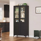 Meuble de rangement haut avec portes vitrées, Armoire de cuisine 5 niveaux avec étagères réglables