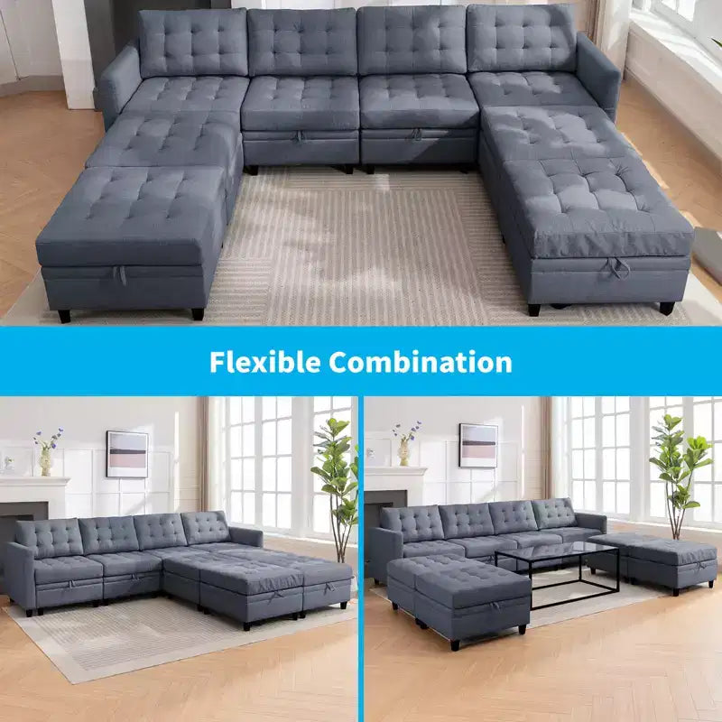 Canapé d'angle convertible modulaire Mjkone avec accoudoir réglable, pouf de rangement, canapé-lit moderne en L/U