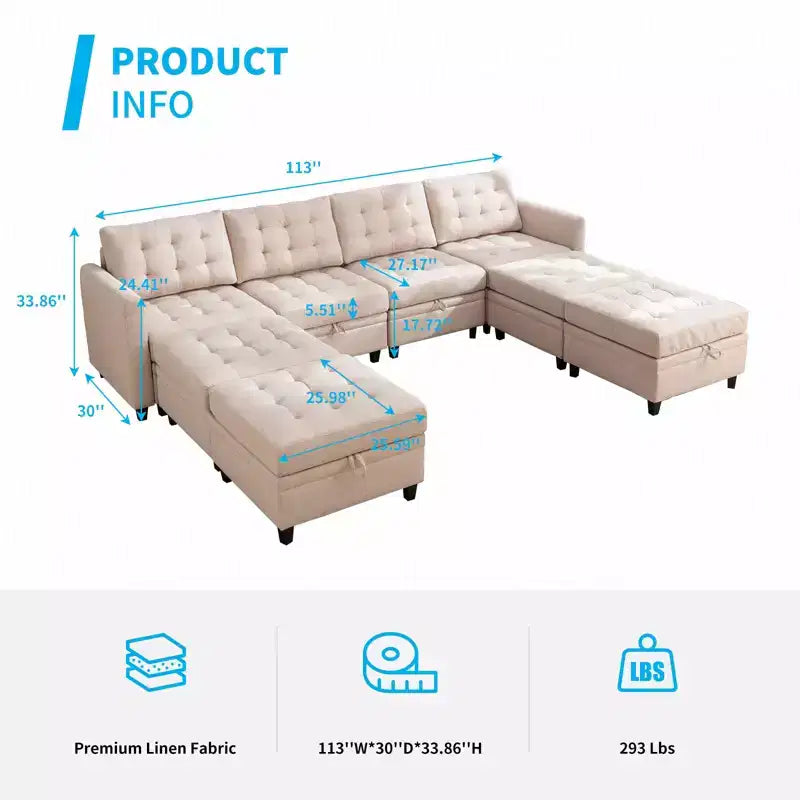 Canapé d'angle convertible modulaire Mjkone avec accoudoir réglable, pouf de rangement, canapé-lit moderne en L/U