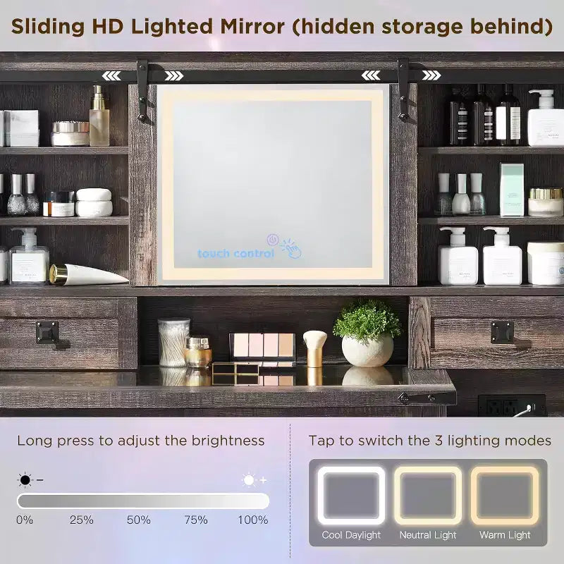 Coiffeuse de ferme SinCiDo 48 avec miroirs coulissants haute définition, station de charge, lumières LED, 7 tiroirs et étagères, coiffeuse de chambre
