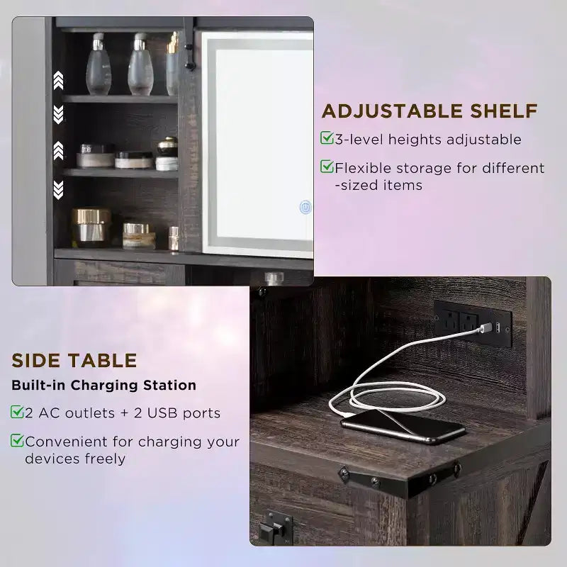 Coiffeuse de ferme SinCiDo 48 avec miroirs coulissants haute définition, station de charge, lumières LED, 7 tiroirs et étagères, coiffeuse de chambre