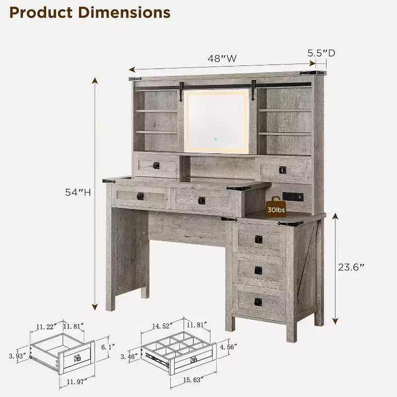 Coiffeuse de ferme SinCiDo 48 avec miroirs coulissants haute définition, station de charge, lumières LED, 7 tiroirs et étagères, coiffeuse de chambre