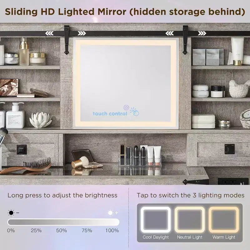 Coiffeuse de ferme SinCiDo 48 avec miroirs coulissants haute définition, station de charge, lumières LED, 7 tiroirs et étagères, coiffeuse de chambre