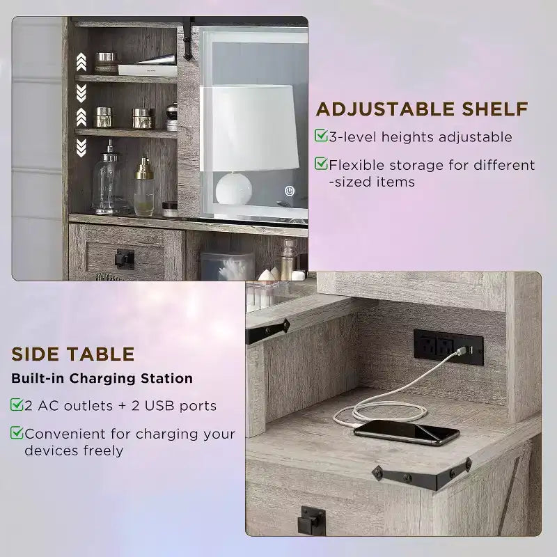 Coiffeuse de ferme SinCiDo 48 avec miroirs coulissants haute définition, station de charge, lumières LED, 7 tiroirs et étagères, coiffeuse de chambre