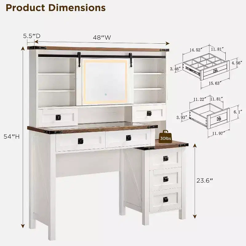 Coiffeuse de ferme SinCiDo 48 avec miroirs coulissants haute définition, station de charge, lumières LED, 7 tiroirs et étagères, coiffeuse de chambre
