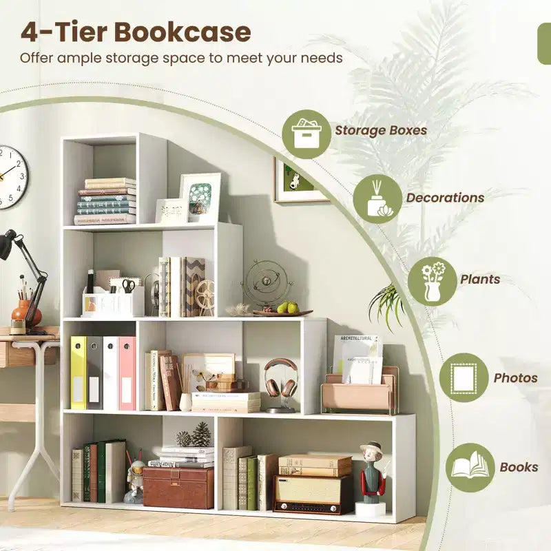 Costway 1/2 PCS Étagère à 4 Niveaux avec 6 Casiers de Rangement Bibliothèque Moderne Géométrique en Escalier de 64 po de Hauteur
