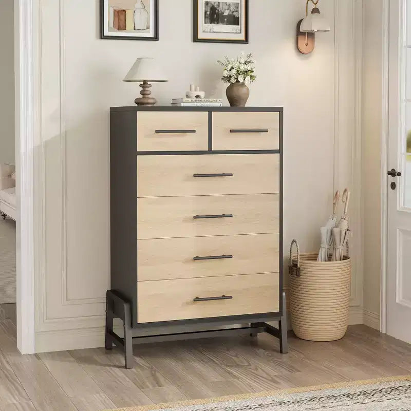 Commode Garvee 4+2 pour chambre à coucher, commode haute de 118 cm, tiroir haut avec rangement autonome, commode en bois pour salon, chambre à coucher, chêne naturel