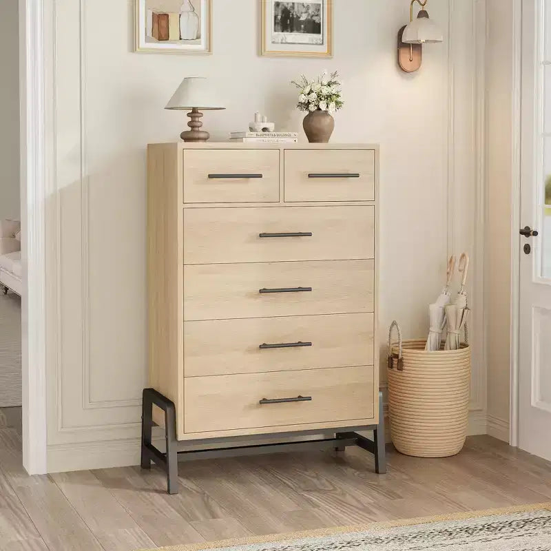 Commode Garvee 4+2 pour chambre à coucher, commode haute de 118 cm, tiroir haut avec rangement autonome, commode en bois pour salon, chambre à coucher, chêne naturel