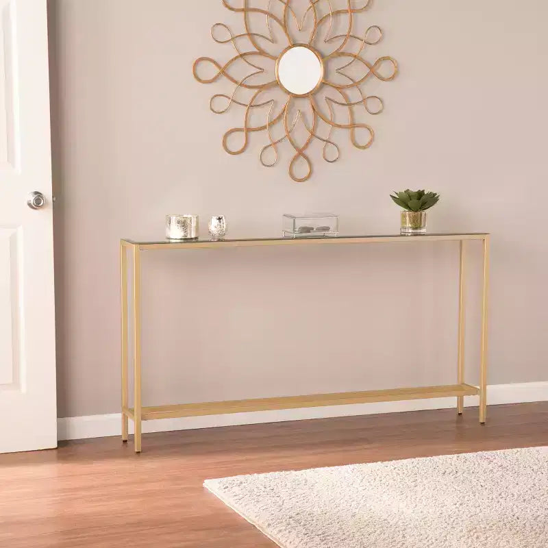 Console étroite et longue Darrin avec plateau miroir - Doré - SEI