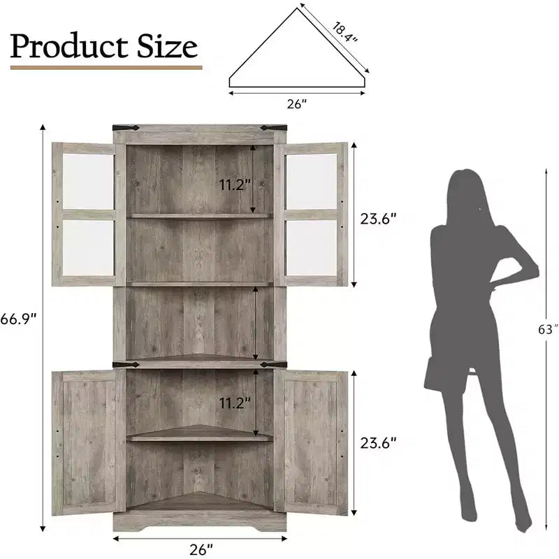 67 armoire d'angle haute avec rangement, vaisselier d'angle avec porte vitrée et étagères réglables