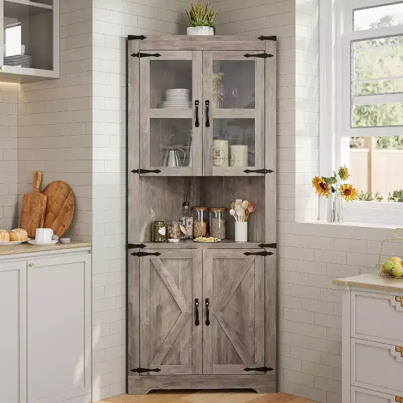 67 armoire d'angle haute avec rangement, vaisselier d'angle avec porte vitrée et étagères réglables